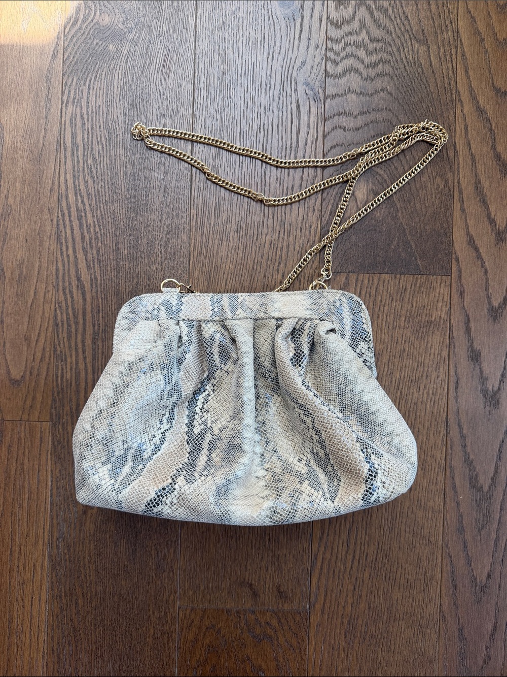 Urban Expressions Snake-Print Clutch in Cream and Gray with Gold Chain